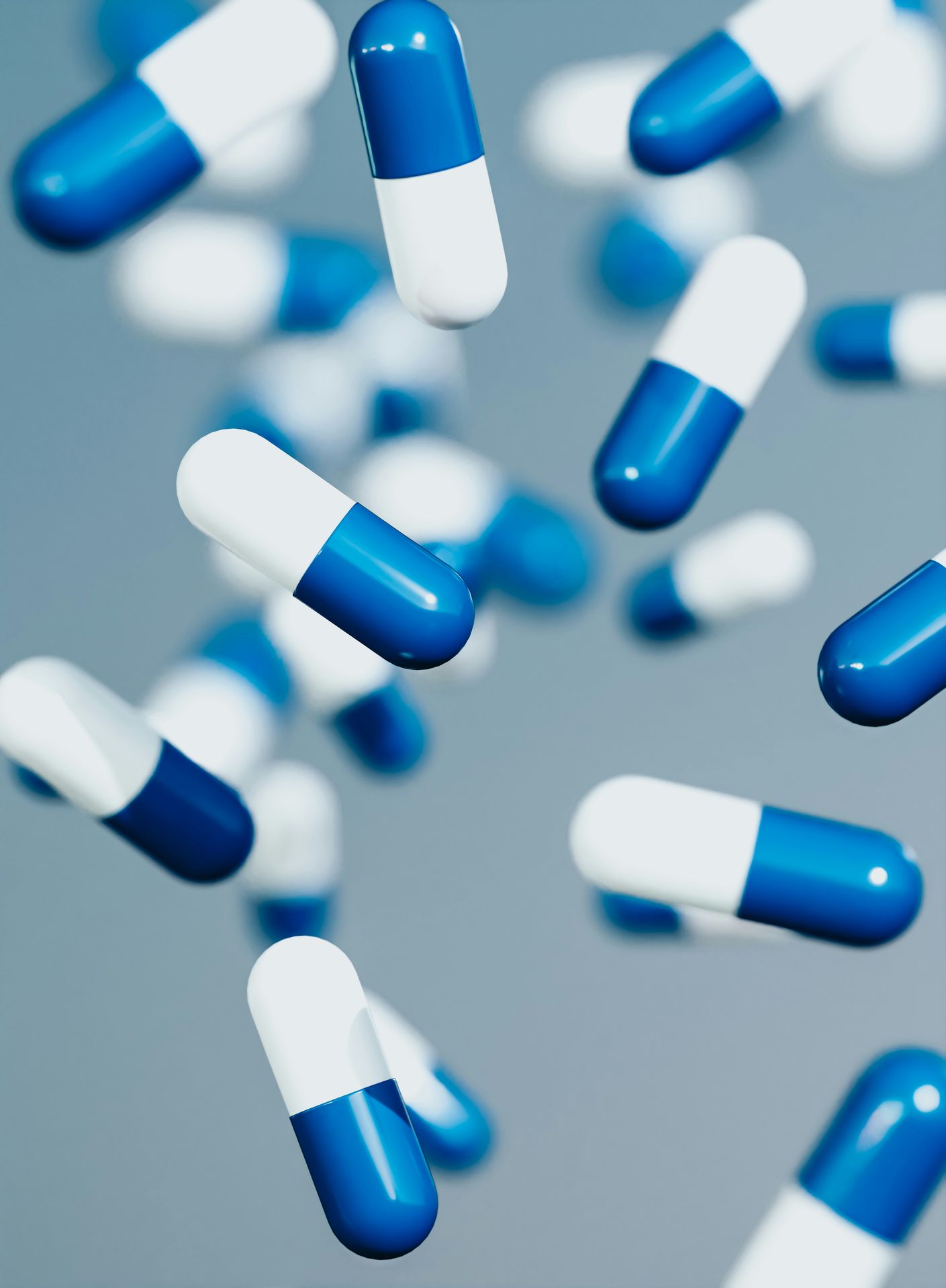 Blue and white gelatin capsules